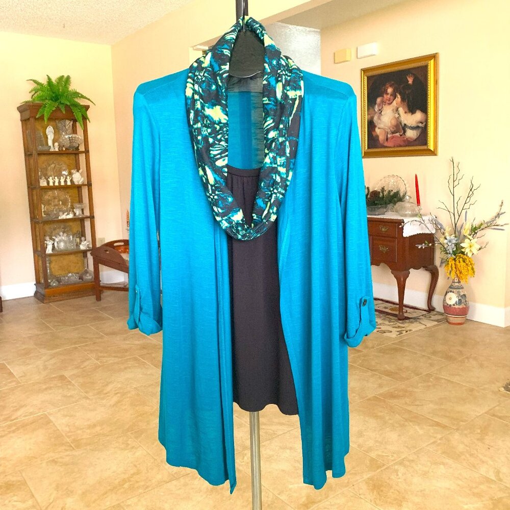 NWOT Coral Bay 3 Piece Attached Open Front Teal Sweater, Tank & Scarf size Large